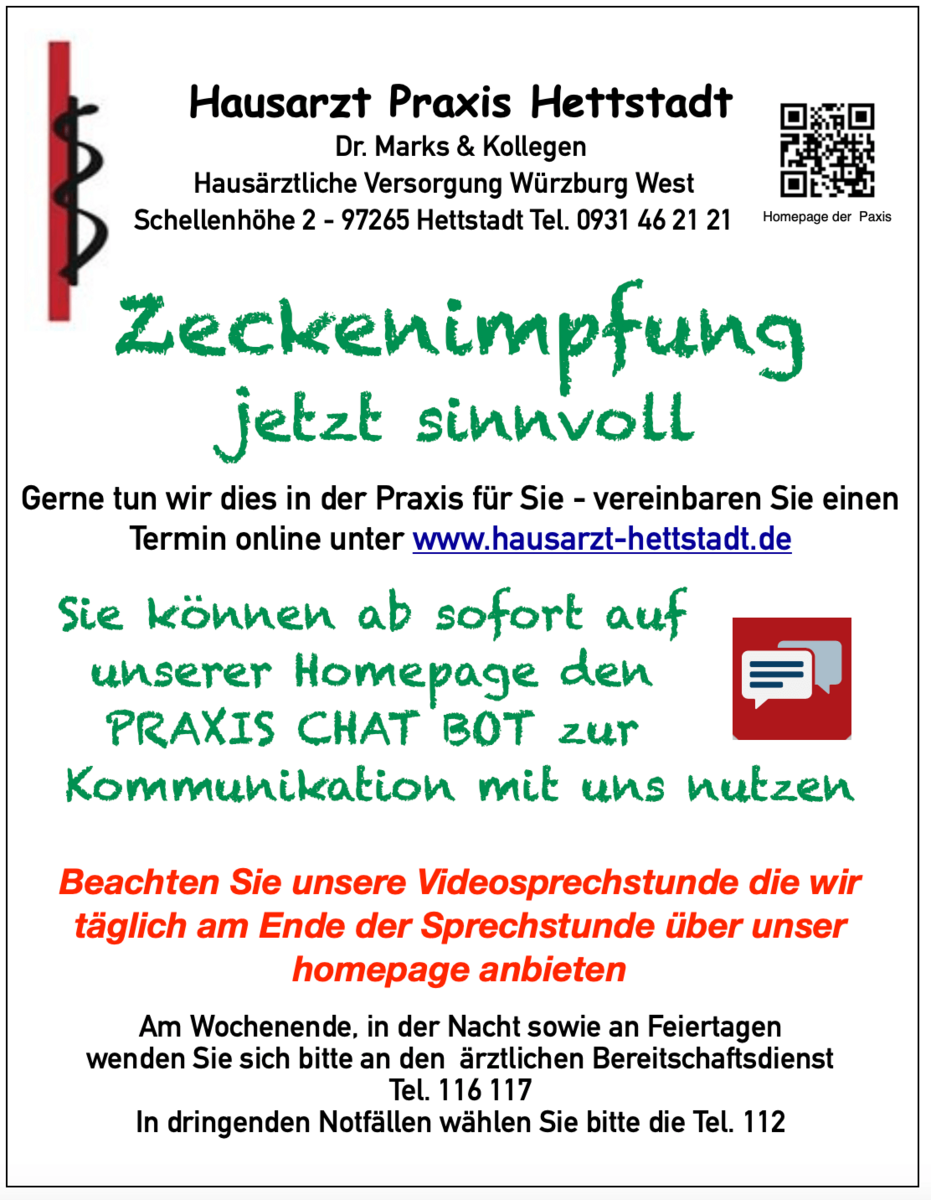 Praxisplakat zur Zeckenimpfung mit Hinweis auf Online-Terminvereinbarung und Praxis-Chat.